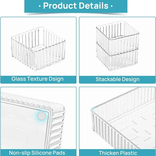 Product details of a storage basket with glass texture design, stackable feature, non-slip silicone pads, and thickened plastic.