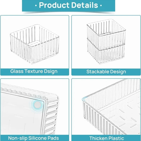 Product details of a storage basket with glass texture design, stackable feature, non-slip silicone pads, and thickened plastic.