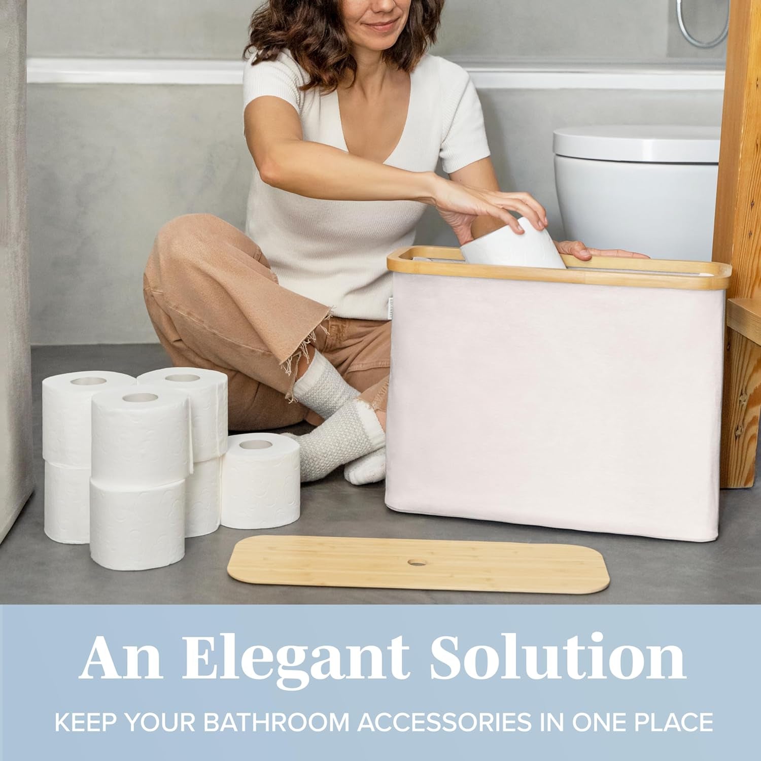 Toilet Paper Storage for 12 Rolls, Stackable & Foldable - the Ultimate Bathroom Organizer - Waterproof Basket with Bamboo Lid - Elegant Toilet Paper Storage Holder, Beige