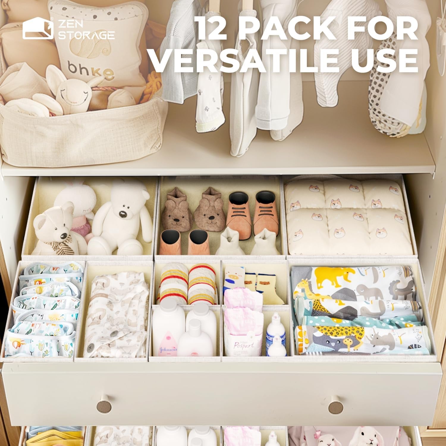 Cotton Linen Drawer Organizer for Baby Clothes, 12Pack Foldable Nursery Dresser Divider, Multi-Size Set Dresser Drawer Organizer for Nursery, Bedroom and Closet, Beige